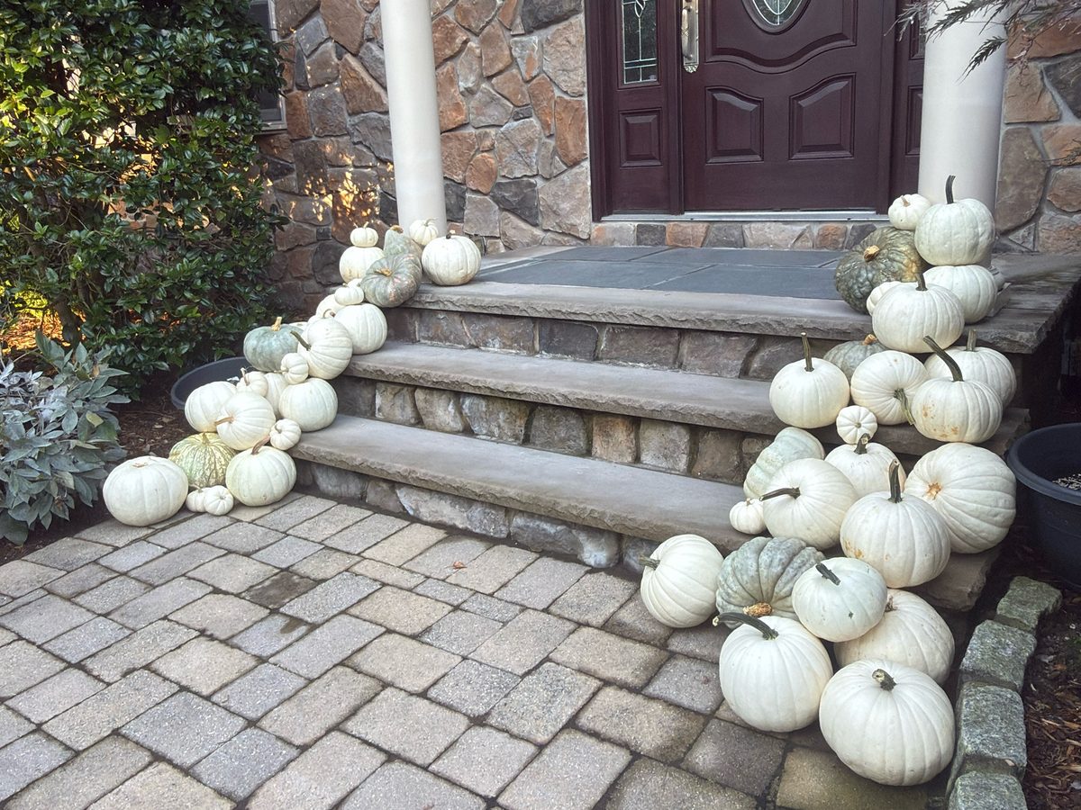 All-white and sage pumpkin porch display down stone steps in Bergen County, NJ